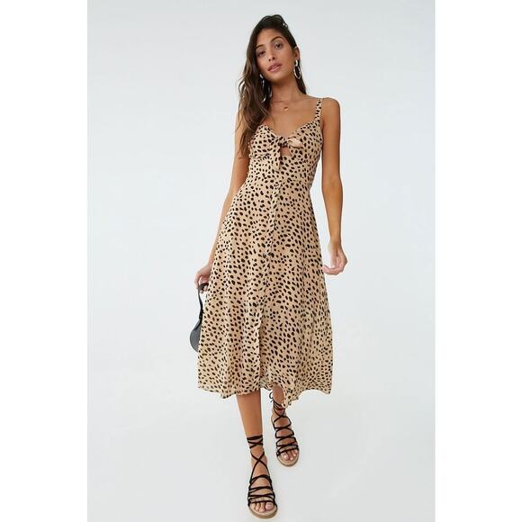 Forever 21 Cheetah Print Tie-Front Chiffon A-Line Midi Dress Women's S Tan/Black - Picture 1 of 11